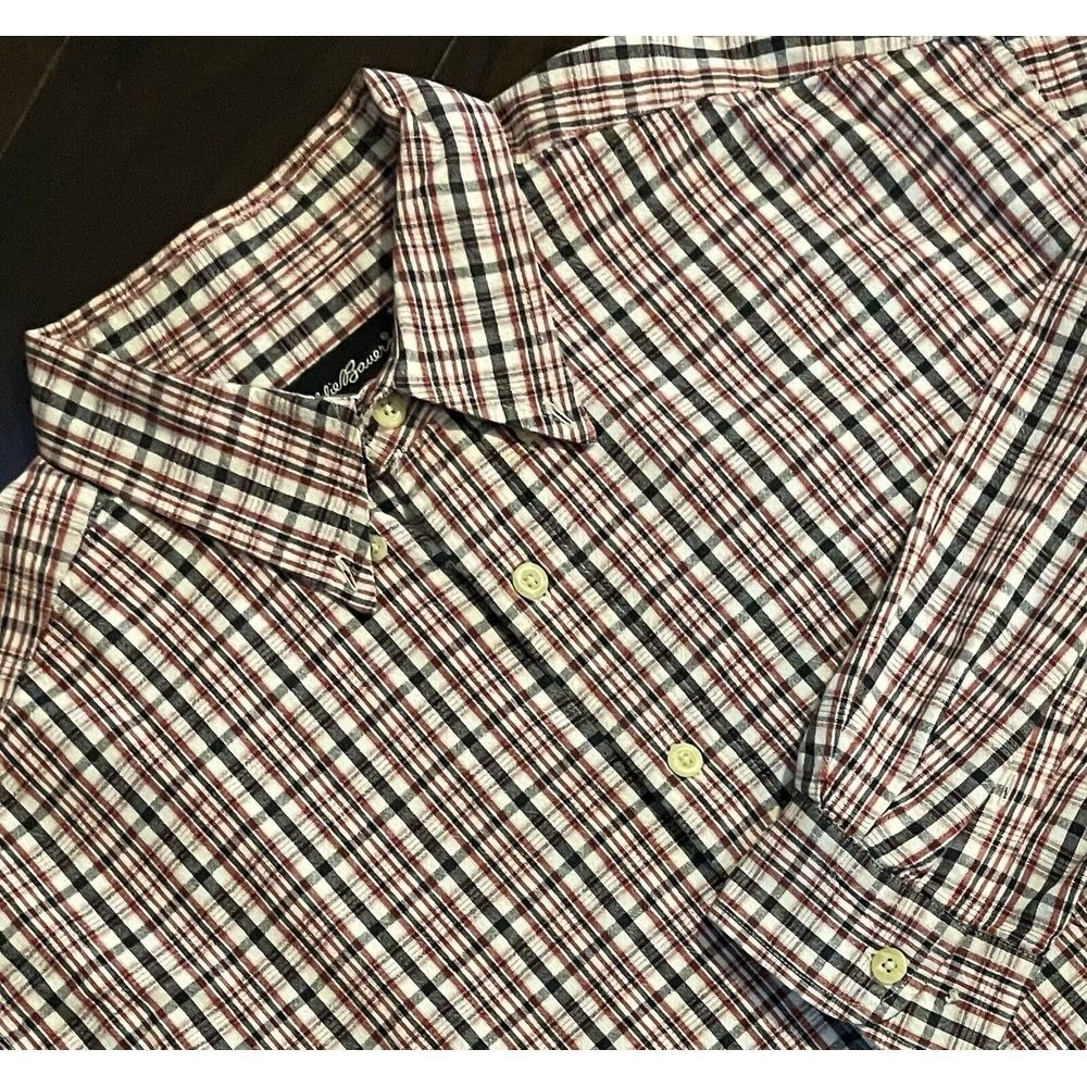 Eddie Bauer Button Down Shirt Men XL Red Black White Plaid Long Sleeve Outdoorsy